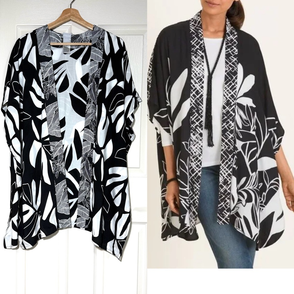 Chico's Black White Tropical Kimono Cover-Up Flowy Light Oversize Reversible S/M